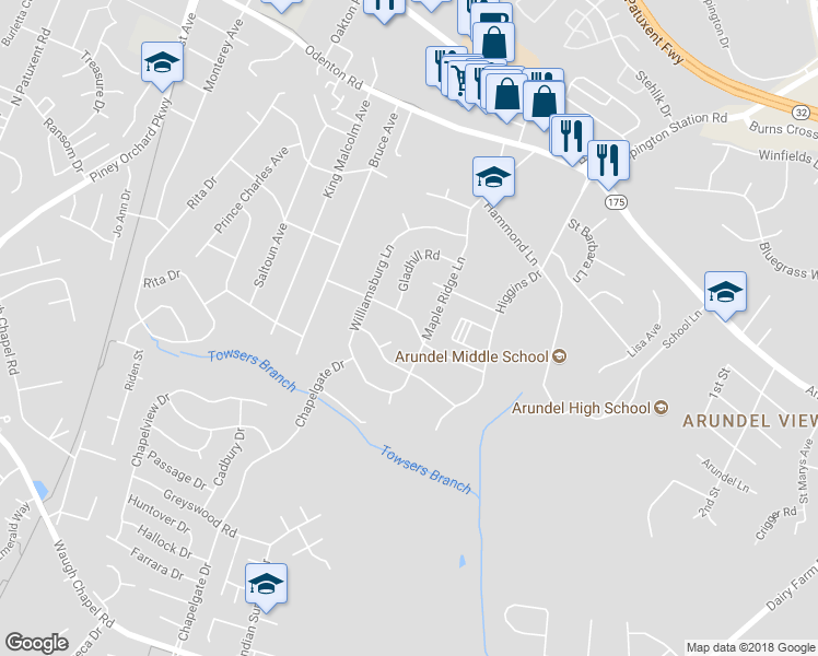 map of restaurants, bars, coffee shops, grocery stores, and more near 1205 Winer Road in Odenton