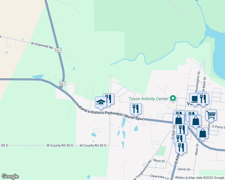 map of restaurants, bars, coffee shops, grocery stores, and more near 301 Gaslight Drive in Versailles