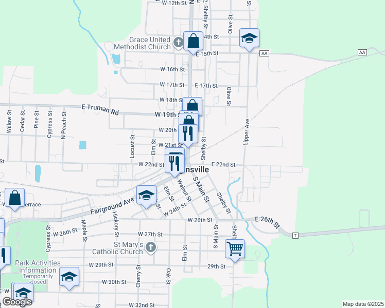 map of restaurants, bars, coffee shops, grocery stores, and more near 2113 South Main Street in Higginsville