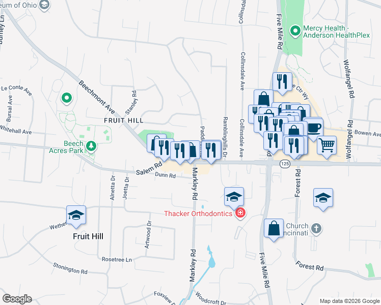 map of restaurants, bars, coffee shops, grocery stores, and more near 7191 Paddison Road in Cincinnati