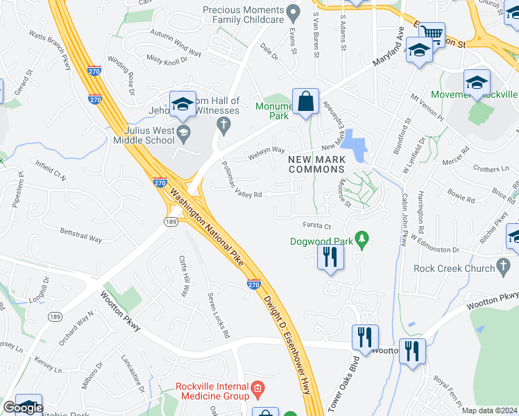 map of restaurants, bars, coffee shops, grocery stores, and more near 1235 Potomac Valley Road in Rockville