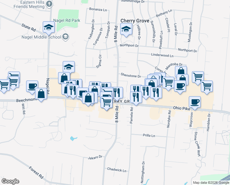 map of restaurants, bars, coffee shops, grocery stores, and more near 1252 8 Mile Road in Cincinnati