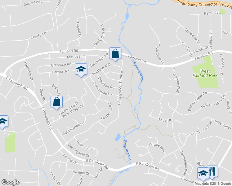 map of restaurants, bars, coffee shops, grocery stores, and more near 1612 Lemontree Lane in Silver Spring