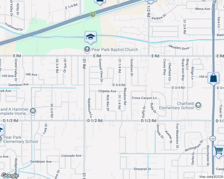 map of restaurants, bars, coffee shops, grocery stores, and more near 3120 Chipeta Avenue in Grand Junction