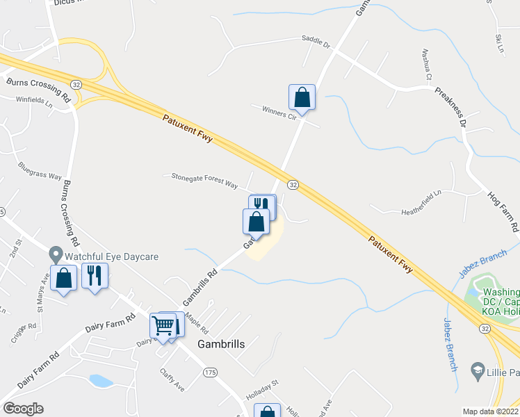 map of restaurants, bars, coffee shops, grocery stores, and more near 320 Gambrills Road in Gambrills