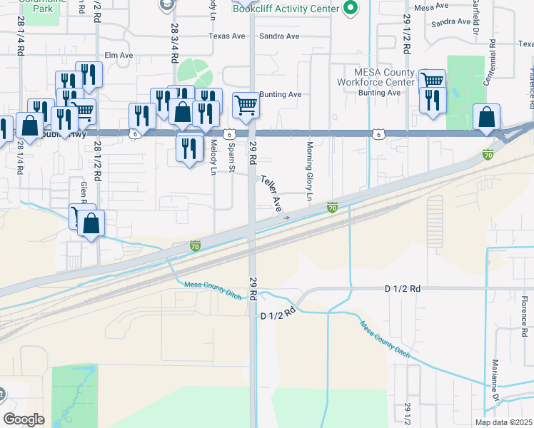 map of restaurants, bars, coffee shops, grocery stores, and more near 2910 Frontage Road in Grand Junction