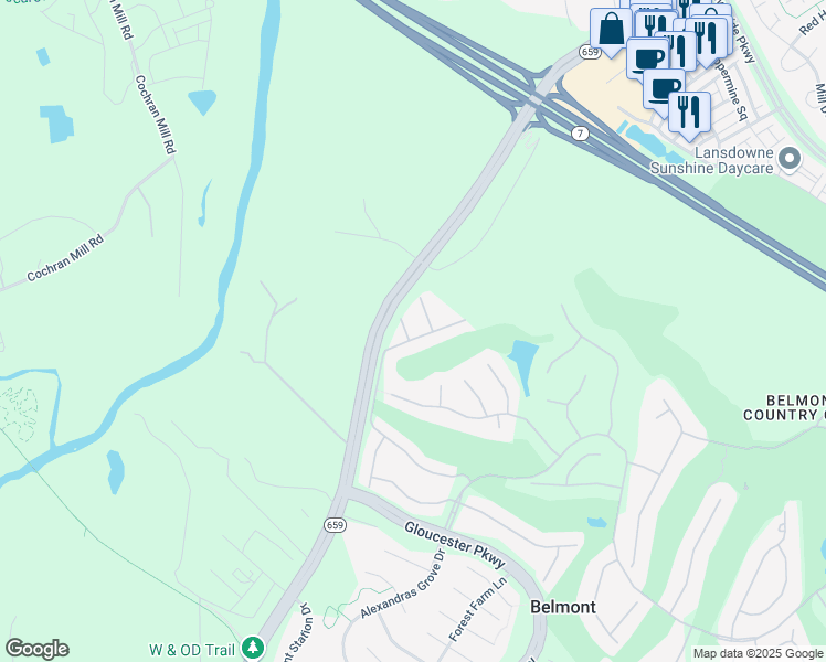 map of restaurants, bars, coffee shops, grocery stores, and more near 19614 Edgemont Square in Ashburn