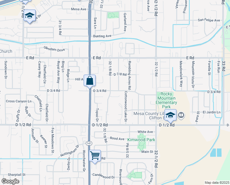 map of restaurants, bars, coffee shops, grocery stores, and more near 3219 D 3/4 Road in Clifton