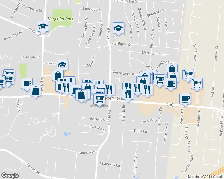 map of restaurants, bars, coffee shops, grocery stores, and more near 1252 8 Mile Road in Cincinnati