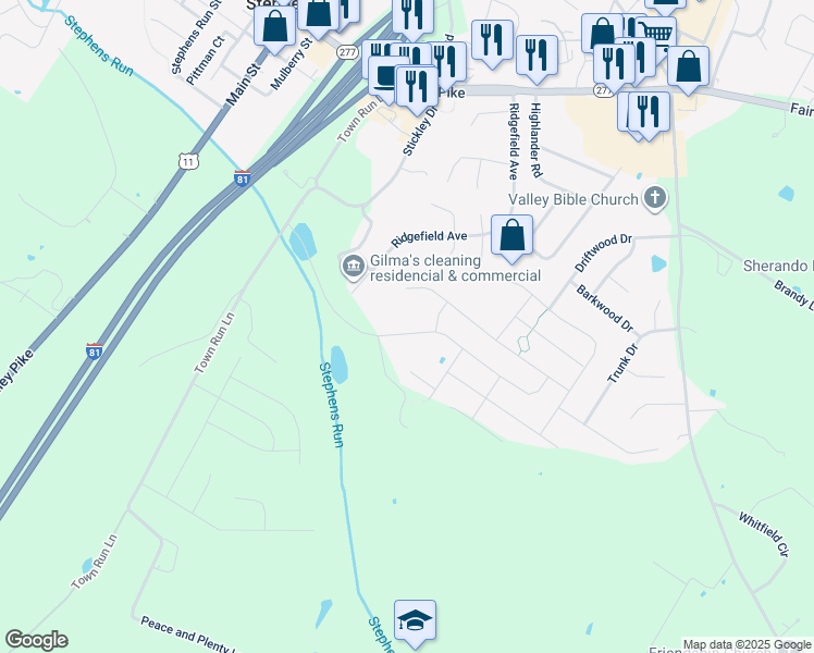 map of restaurants, bars, coffee shops, grocery stores, and more near 509 Garden Gate Drive in Stephens City