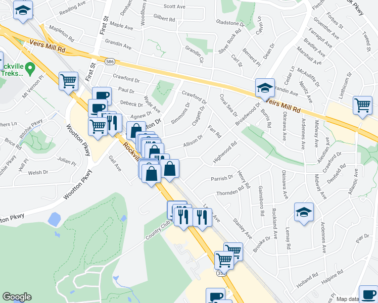 map of restaurants, bars, coffee shops, grocery stores, and more near 1504 Rockwood Drive in Rockville