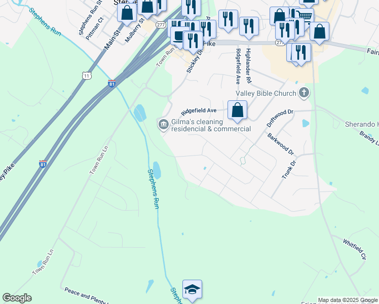 map of restaurants, bars, coffee shops, grocery stores, and more near 509 Garden Gate Drive in Stephens City