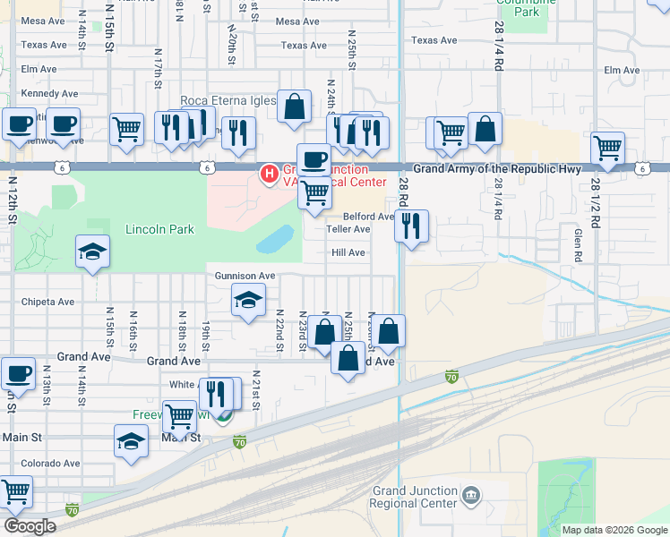 map of restaurants, bars, coffee shops, grocery stores, and more near 2420 Gunnison Avenue in Grand Junction