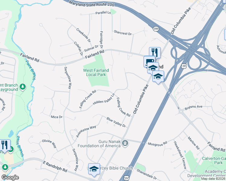 map of restaurants, bars, coffee shops, grocery stores, and more near 2232 Falling Creek Road in Silver Spring