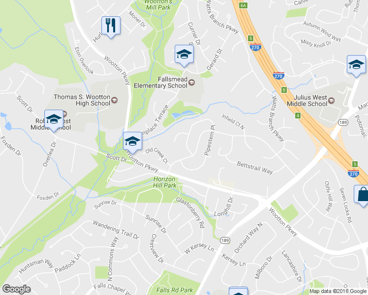 map of restaurants, bars, coffee shops, grocery stores, and more near 1058 Pipestem Place in Rockville