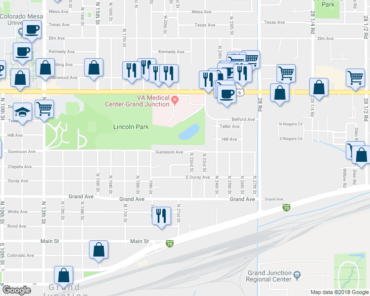 map of restaurants, bars, coffee shops, grocery stores, and more near 2122 Gunnison Avenue in Grand Junction