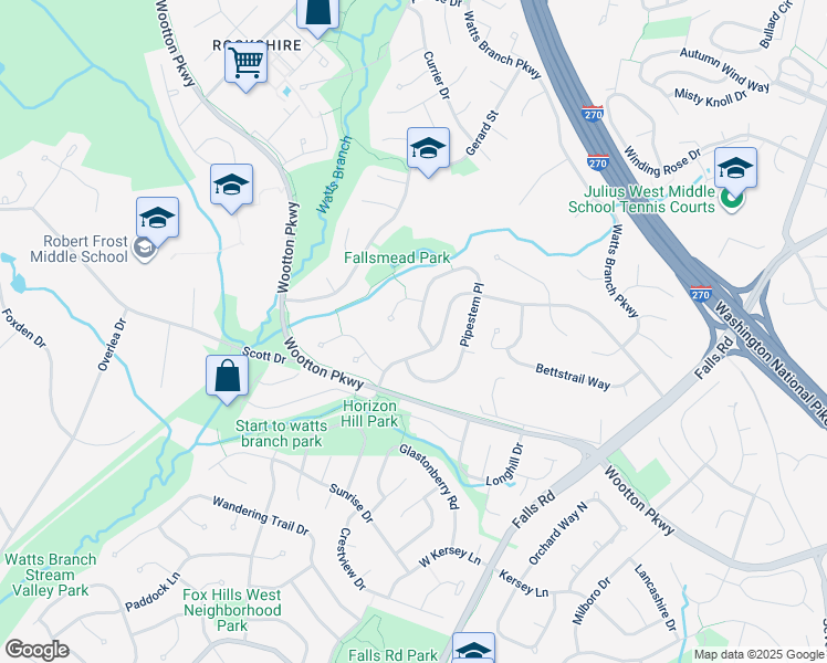map of restaurants, bars, coffee shops, grocery stores, and more near 1058 Pipestem Place in Rockville