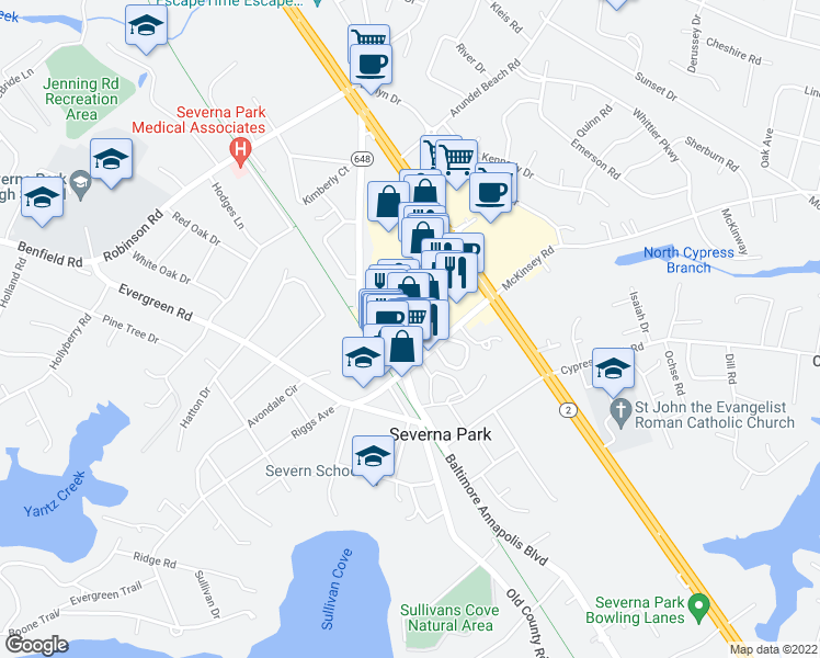 map of restaurants, bars, coffee shops, grocery stores, and more near 553 Baltimore Annapolis Boulevard in Severna Park