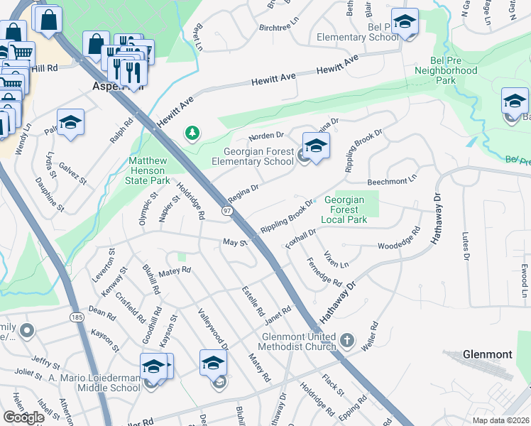 map of restaurants, bars, coffee shops, grocery stores, and more near 3120 Helsel Drive in Silver Spring