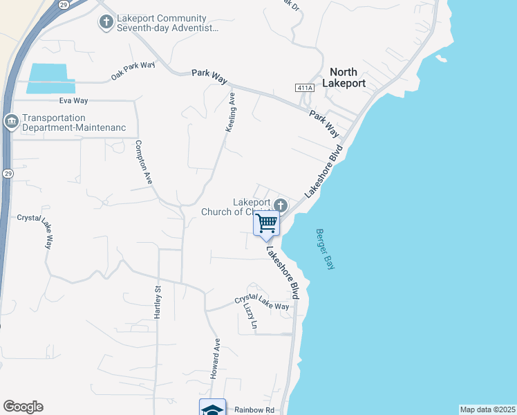 map of restaurants, bars, coffee shops, grocery stores, and more near 3039 Lakeshore Boulevard in Lakeport