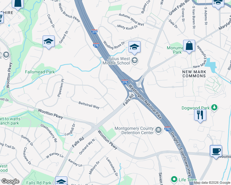 map of restaurants, bars, coffee shops, grocery stores, and more near 3 Lawngate Court in Rockville
