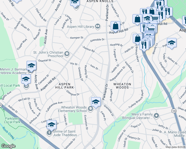 map of restaurants, bars, coffee shops, grocery stores, and more near 4422 Independence Street in Rockville