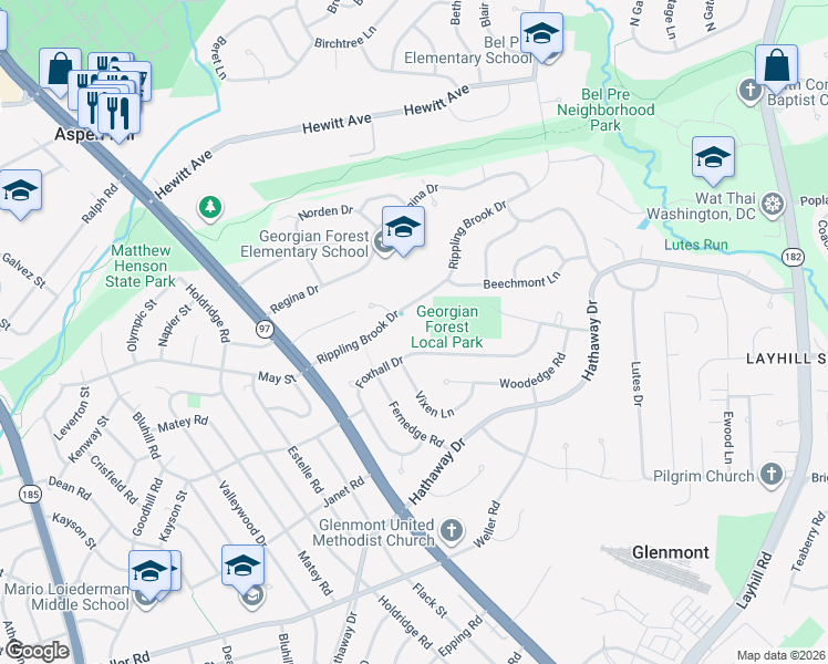 map of restaurants, bars, coffee shops, grocery stores, and more near 13301 Rippling Brook Drive in Silver Spring