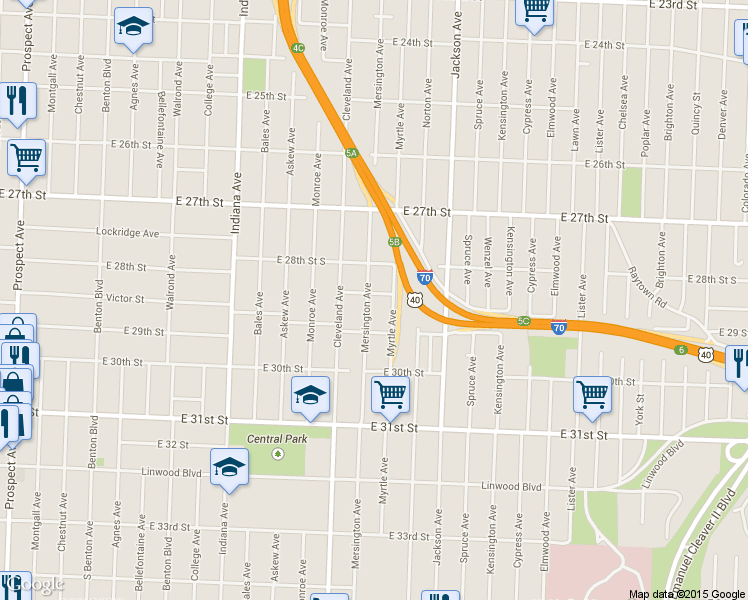 map of restaurants, bars, coffee shops, grocery stores, and more near 2837 Mersington Avenue in Kansas City