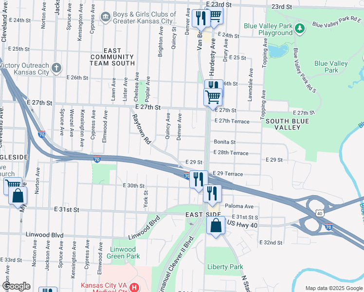 map of restaurants, bars, coffee shops, grocery stores, and more near 5206 East 28th Terrace in Kansas City