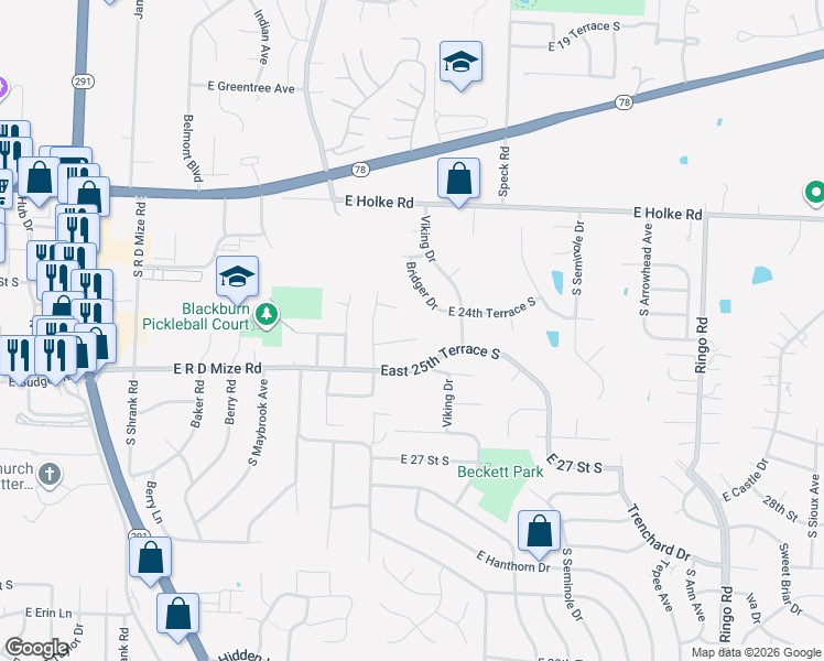 map of restaurants, bars, coffee shops, grocery stores, and more near 17912 East 25th Terrace South in Independence