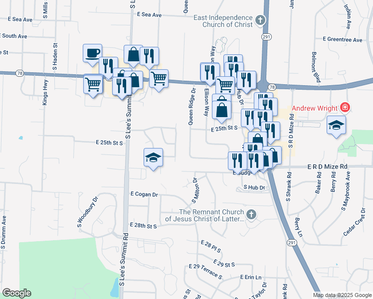 map of restaurants, bars, coffee shops, grocery stores, and more near 2512 Queen Ridge Drive in Independence