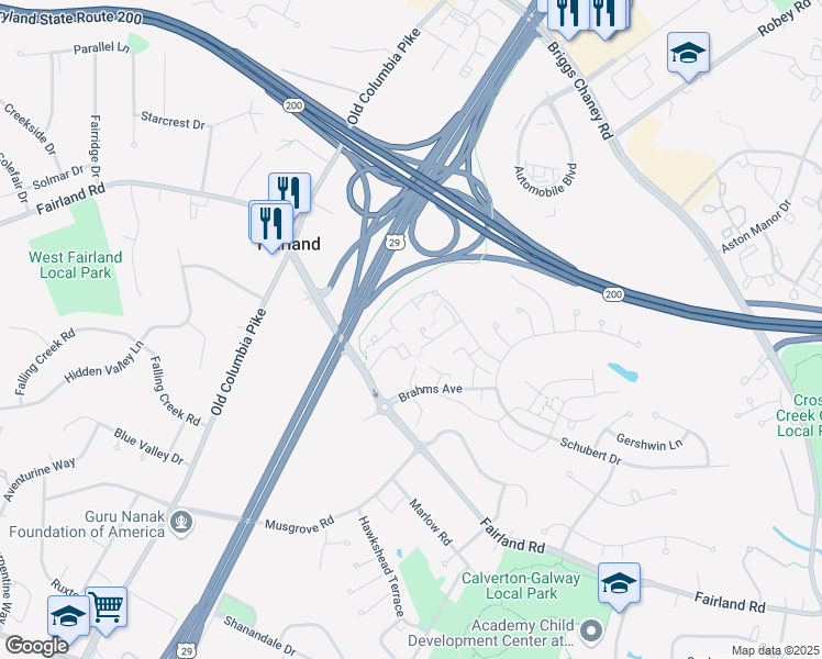 map of restaurants, bars, coffee shops, grocery stores, and more near 2816 Strauss Terrace in Silver Spring