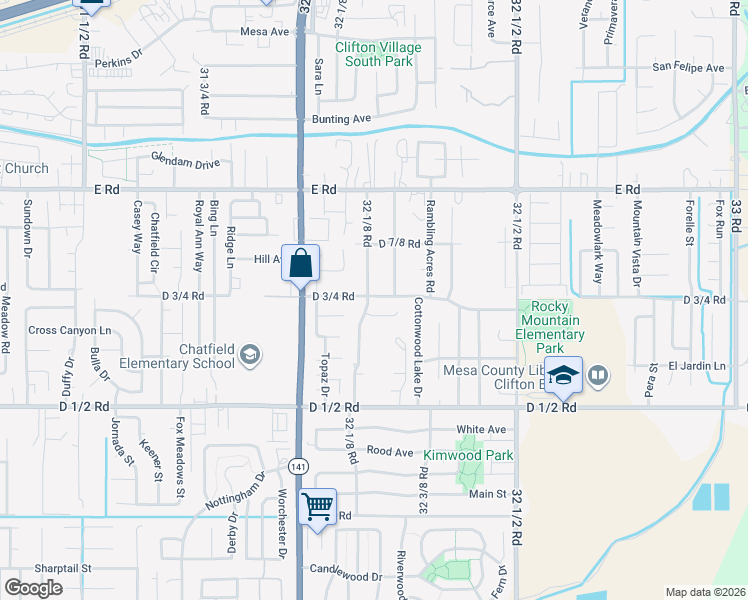 map of restaurants, bars, coffee shops, grocery stores, and more near 3219 D 3/4 Road in Clifton