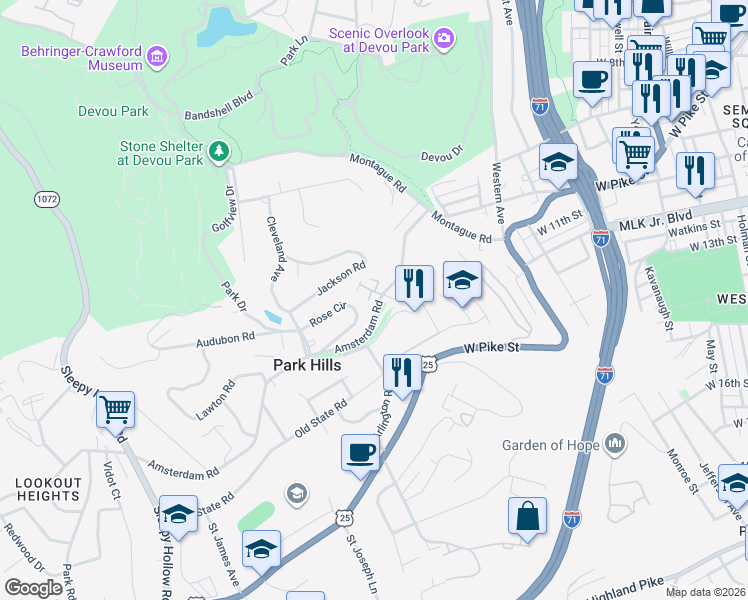 map of restaurants, bars, coffee shops, grocery stores, and more near 1064 Amsterdam Road in Park Hills