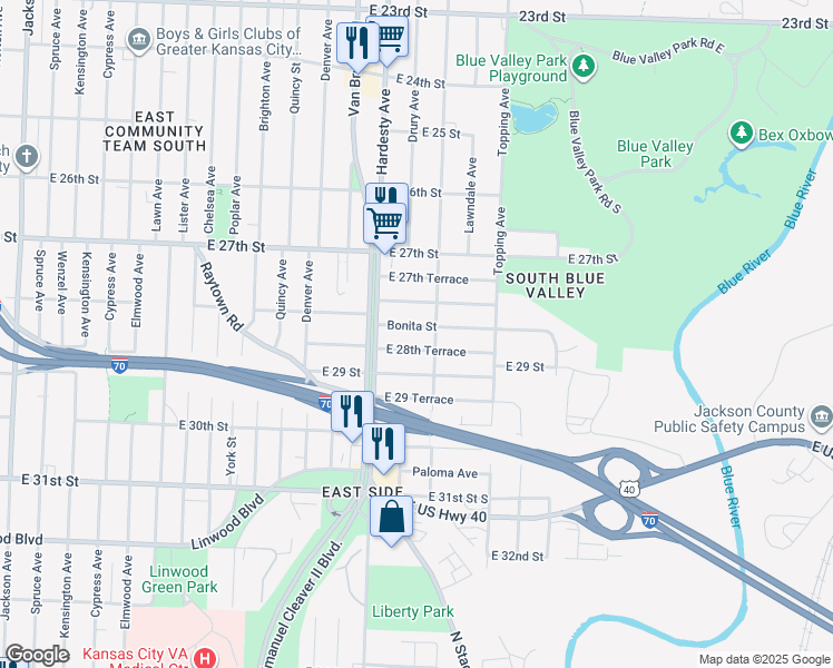 map of restaurants, bars, coffee shops, grocery stores, and more near 5421 Bonita Street in Kansas City