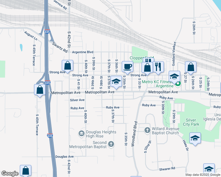 map of restaurants, bars, coffee shops, grocery stores, and more near 3604 Metropolitan Avenue in Kansas City