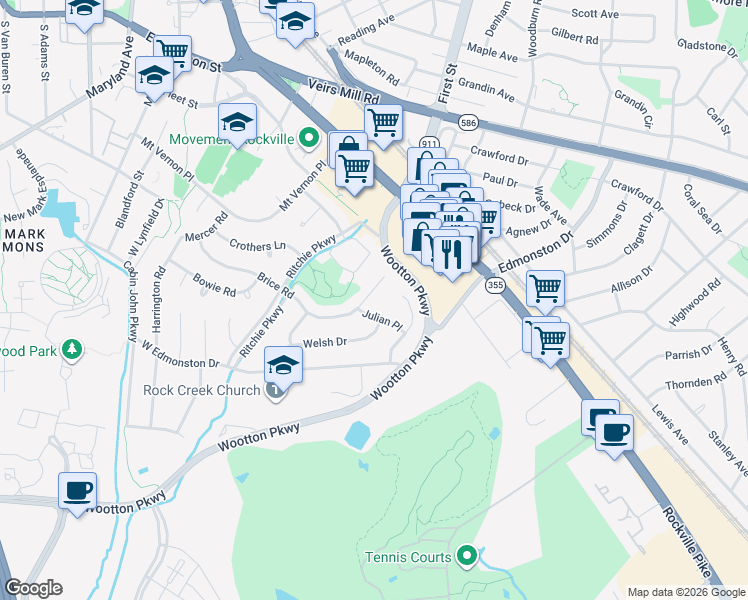 map of restaurants, bars, coffee shops, grocery stores, and more near 1033 Brice Rd in Rockville