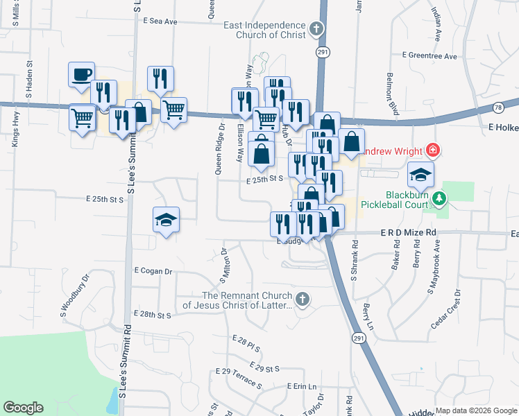 map of restaurants, bars, coffee shops, grocery stores, and more near 2516 Ellison Way in Independence