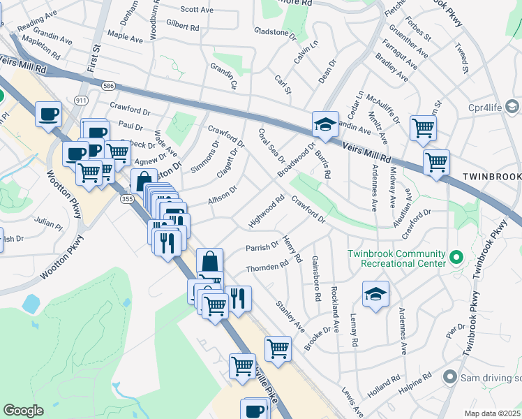 map of restaurants, bars, coffee shops, grocery stores, and more near 1212 Highwood Road in Rockville