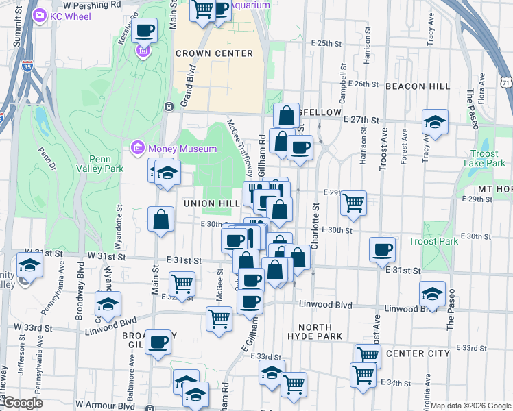 map of restaurants, bars, coffee shops, grocery stores, and more near 2900 Gillham Road in Kansas City