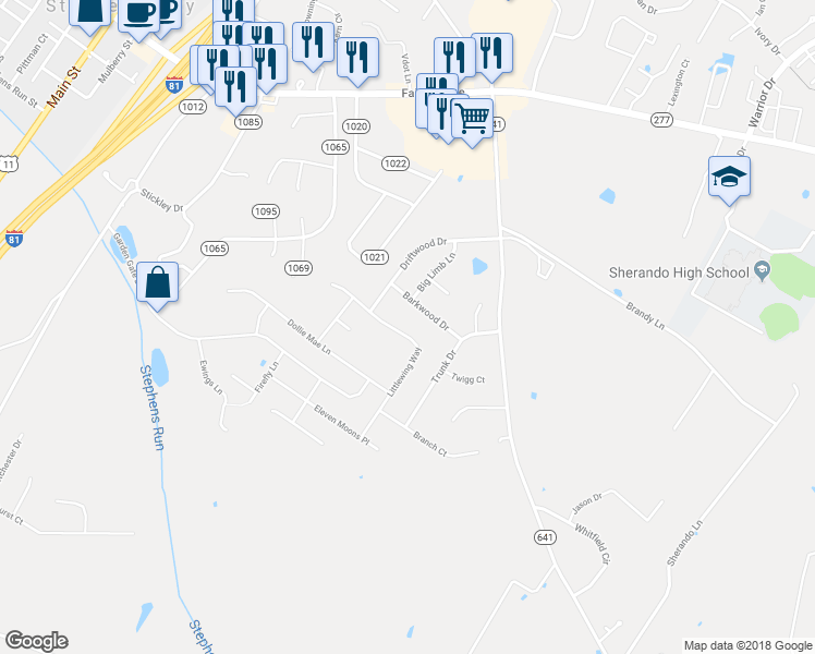 map of restaurants, bars, coffee shops, grocery stores, and more near 136 Littlewing Way in Stephens City