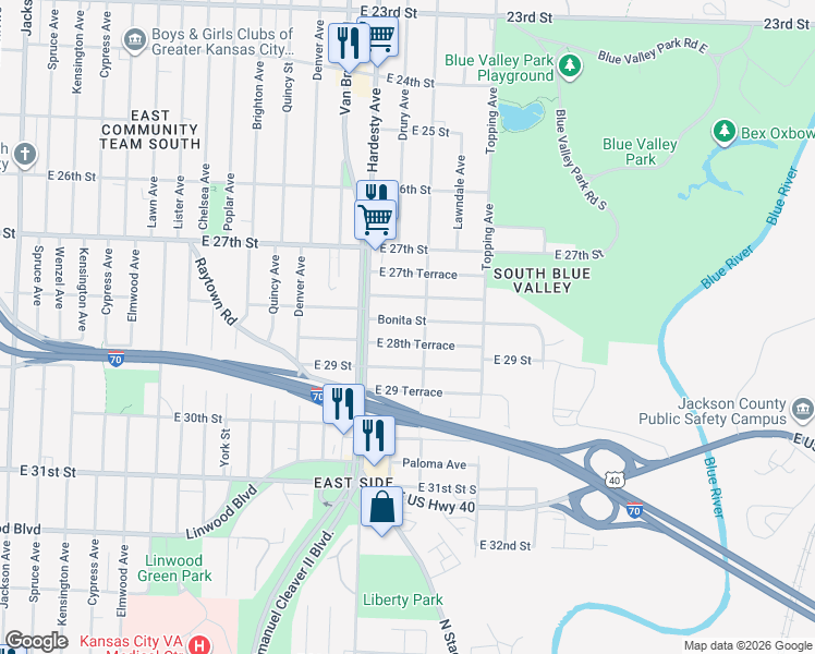 map of restaurants, bars, coffee shops, grocery stores, and more near 5421 Bonita Street in Kansas City