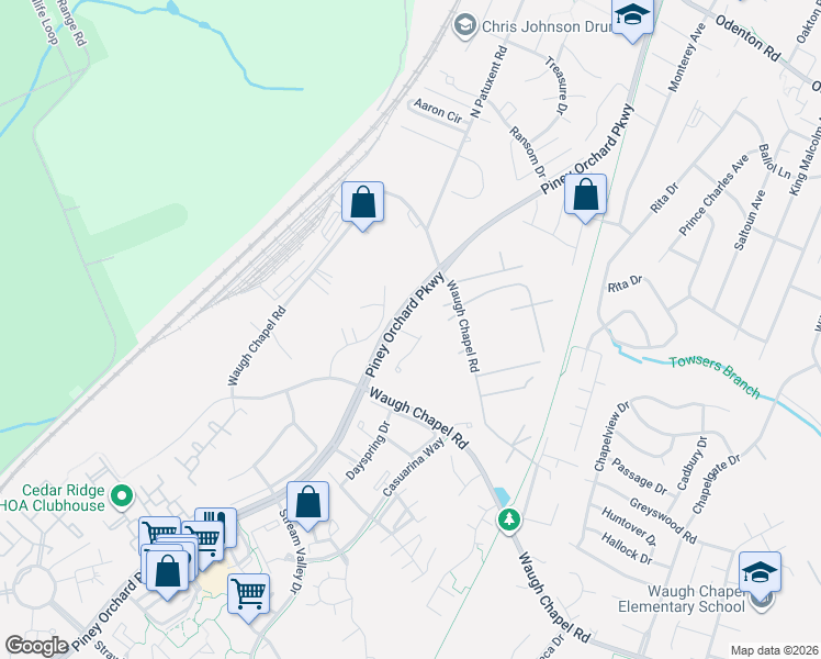 map of restaurants, bars, coffee shops, grocery stores, and more near 2498 Auburn Lane in Odenton