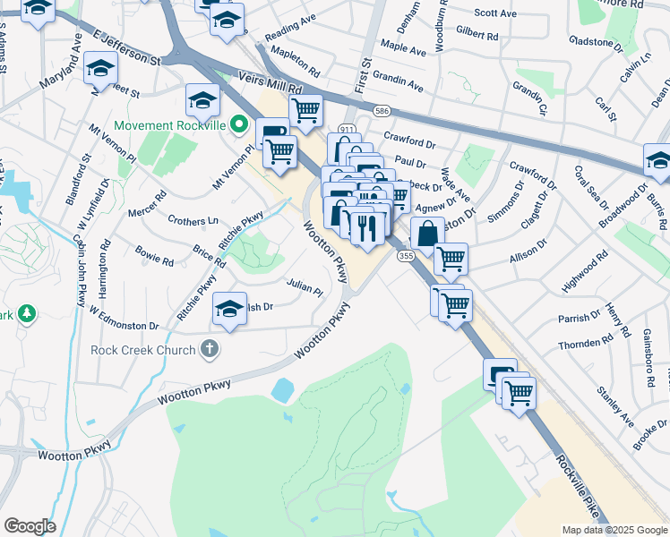 map of restaurants, bars, coffee shops, grocery stores, and more near 190 Hardy Place in Rockville