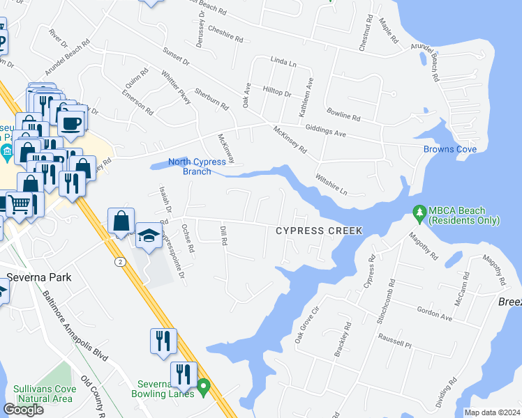 map of restaurants, bars, coffee shops, grocery stores, and more near 645 Saltzman Road in Severna Park