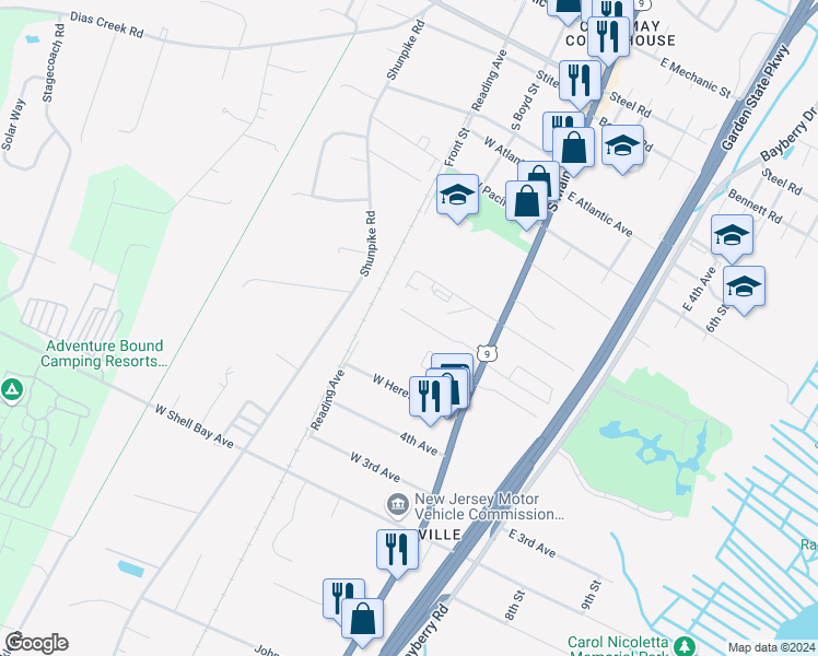 map of restaurants, bars, coffee shops, grocery stores, and more near 165 Lee Lane in Cape May County