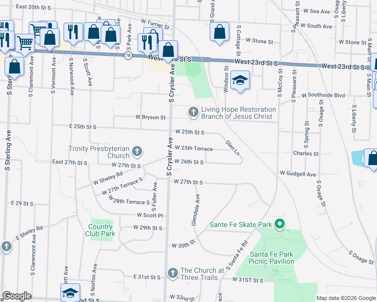 map of restaurants, bars, coffee shops, grocery stores, and more near 1213 West 25th Terrace in Independence