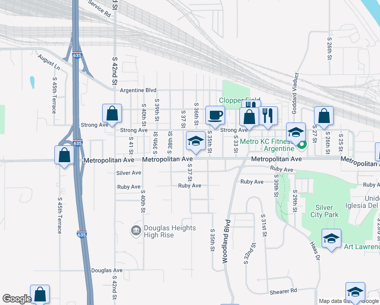 map of restaurants, bars, coffee shops, grocery stores, and more near 3604 Metropolitan Avenue in Kansas City