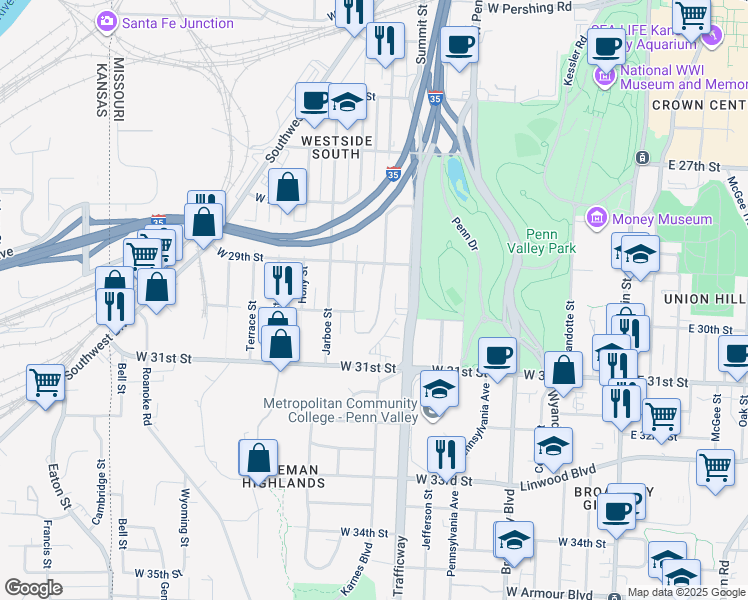 map of restaurants, bars, coffee shops, grocery stores, and more near 2932 Madison Avenue in Kansas City