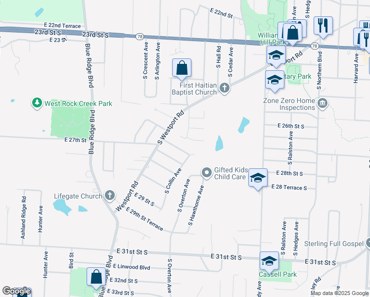 map of restaurants, bars, coffee shops, grocery stores, and more near 9746 East 26 Terrace South in Independence